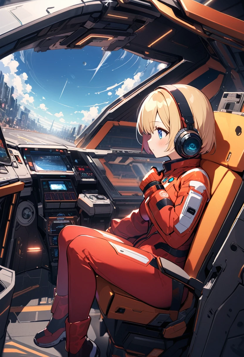 ( short hair, street, Emo, Blonde, Blue Eyes, ,headphone,eyeliner, Apocalypse, , internal (cockpit) of (Futuristic spaceship:1.6), , blush,Sit on a chair, Covered navel, Space Helmet, Mvrów, Space Helm, Plug Suit , Space Helmet, Eva Helm,Red bodysuit, short hair, From the side,Upper Body,close,Looking this way、background moving at high speed、