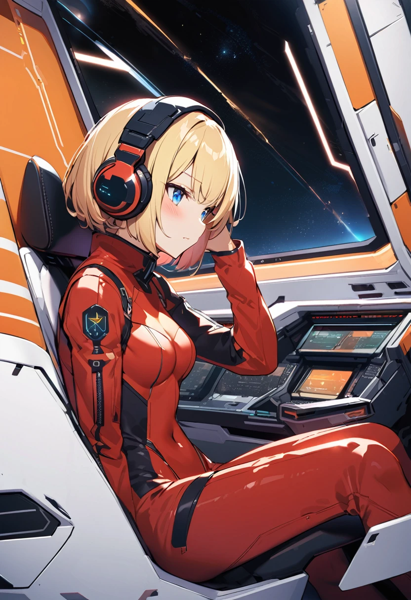 ( short hair, street, Emo, Blonde, Blue Eyes, ,headphone,eyeliner, Apocalypse, , internal (cockpit) of (Futuristic spaceship:1.6), , blush,Sit on a chair, Covered navel, Space Helmet, Mvrów, Space Helm, Plug Suit , Space Helmet, Eva Helm,Red bodysuit, short hair, From the side,Upper Body,close,Looking this way、background moving at high speed、