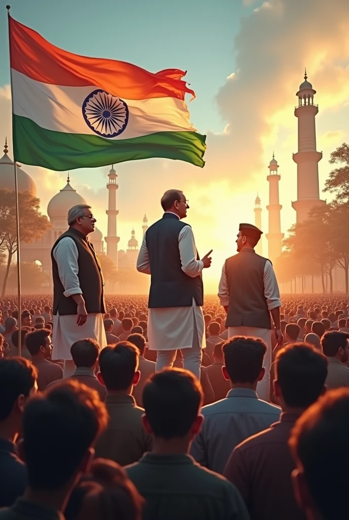 Apj abdul kalam,mahatma gandhi and jawaharlal nehru hoisting indian flag...include a muslim man with skull cap