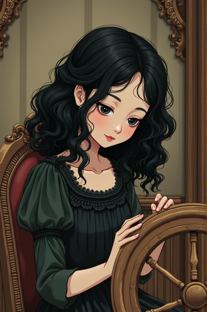 Generate a drawing in the style of Studio Ghibli of a black-haired, curly-haired girl with shoulder-length hair, Victorian gothic dress in front of a spinning wheel in the style of Sleeping Beauty