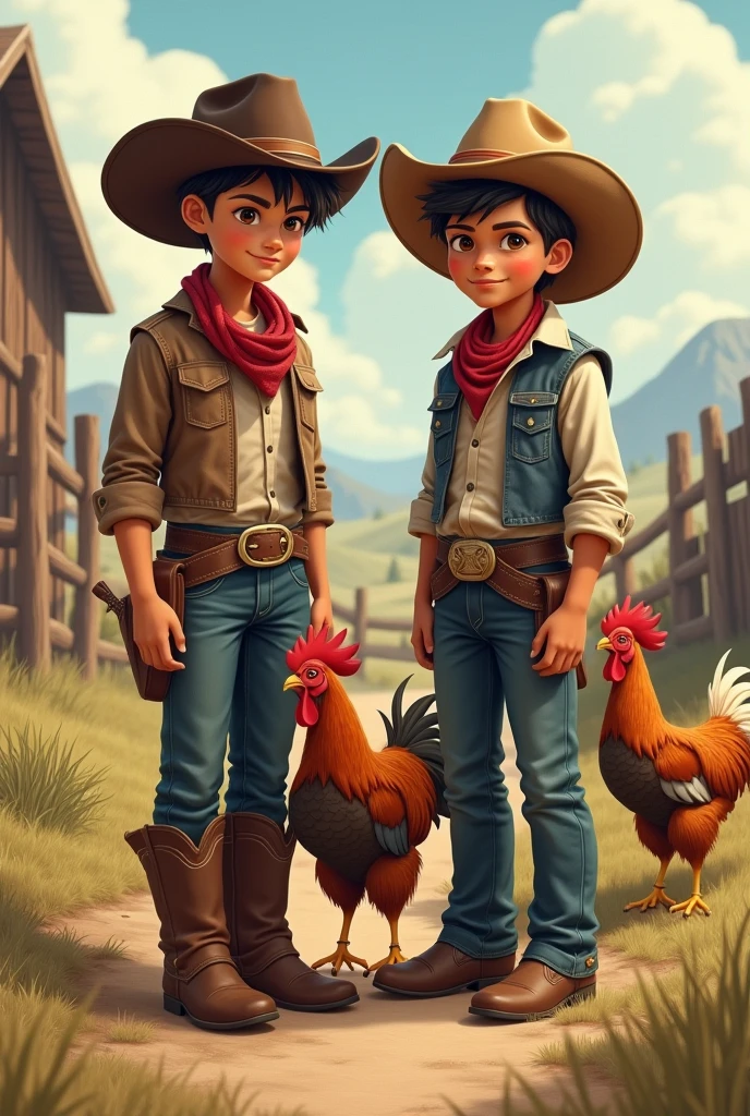 two brothers, children, light brown skin, with cowboy hat, Boots, shirt, denim pants and pet fighting cocks, farm background