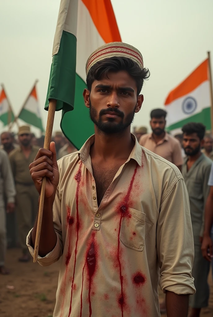 an indian muslim 20 years boy खून से सना हुआ हो मैदान में और वह टोपी लगाए हुआ हो और कुर्ता पायजामा पहना हो और उसको बहुत सारे लोग देख रहे हों और हाथ इंडिया का फ्लैग लिया हो