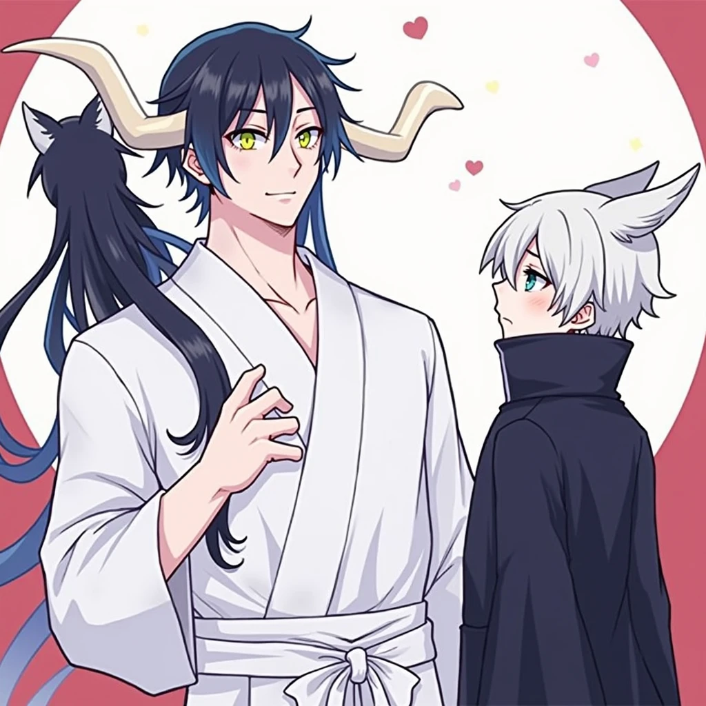 A tall man with long, bluish-black hair reaching his knees, yellow eyes, horns, and a dragon tail, wearing a white yukata that reveals a bit of his muscular chest, next to a short boy with black hair and green eyes, wearing fox ears and a fox tail. 