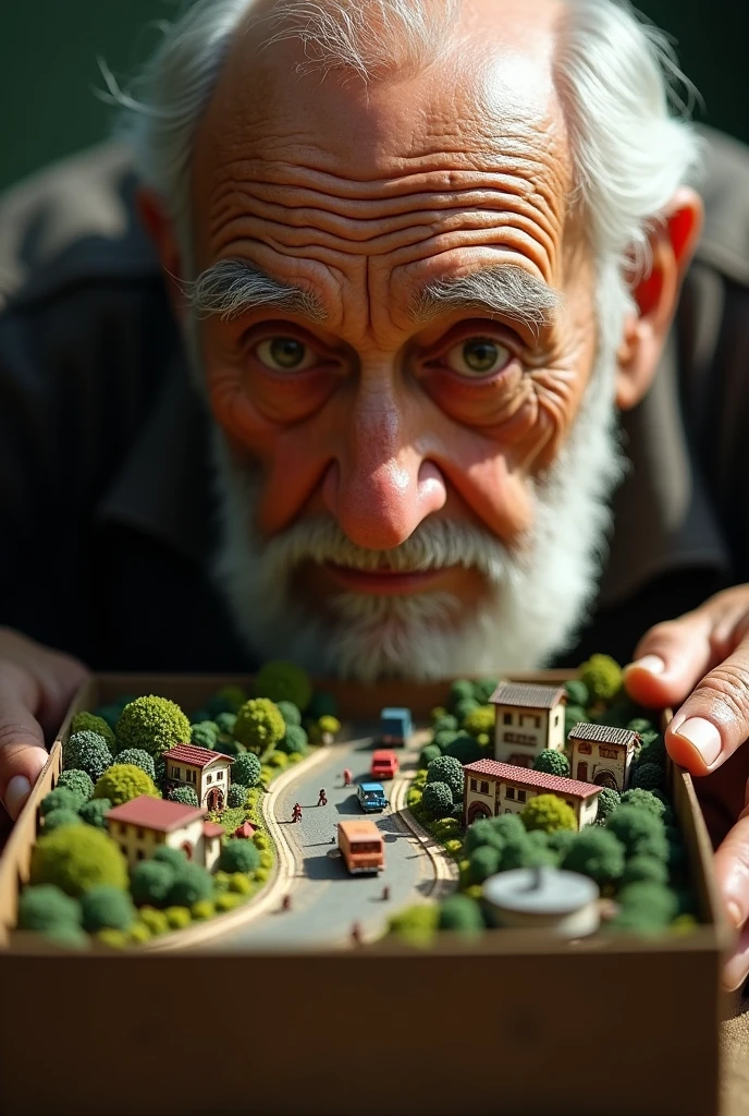 Old man. high quality, 4k, 8k, hyperrealistic, photorealistic, detailed, intricate, miniature, tilt-shift photography, man finding miniature city in box, detailed tiny buildings, realistic people, tiny vehicles, tiny trees, tiny landscape, warm lighting, shallow depth of field, cinematic, dramatic