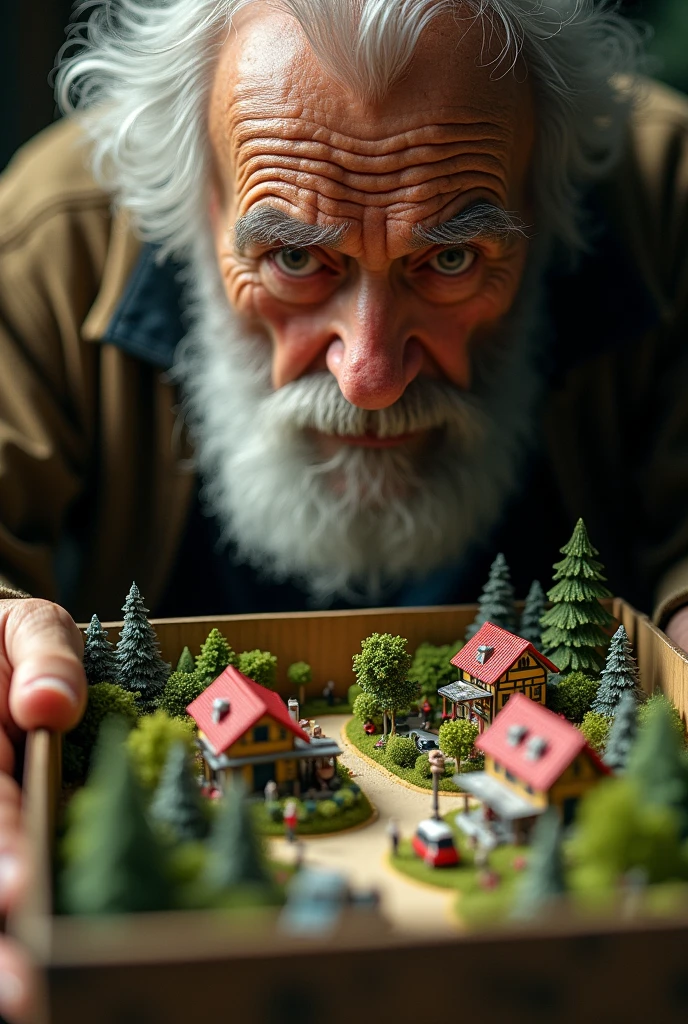Old man. high quality, 4k, 8k, hyperrealistic, photorealistic, detailed, intricate, miniature, tilt-shift photography, man finding miniature city in box, detailed tiny buildings, realistic people, tiny vehicles, tiny trees, tiny landscape, warm lighting, shallow depth of field, cinematic, dramatic