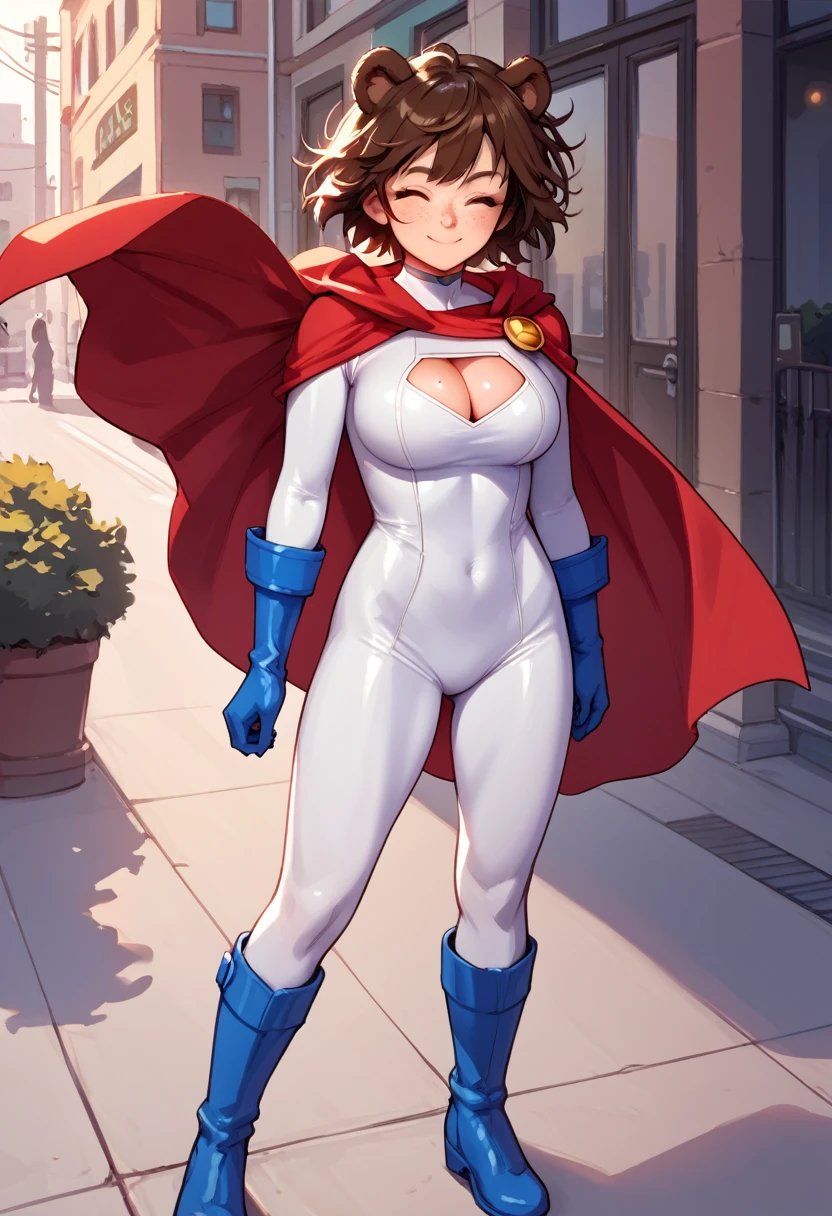 score_9_up, score_8_up, score_7_up, 1girl, solo, source_anime, hourglass figure, , kemonomimi, bear ears, brown hair, short hair, messy_hair, closed eyes BREAK freckles, (cosplay), super girl cosplay, super hero, white bodysuit, cleavage cud cape, blue gloves, blue boots, brave smile, closed mouth, standing, looking at viewer, outdoors, urban area, daytime