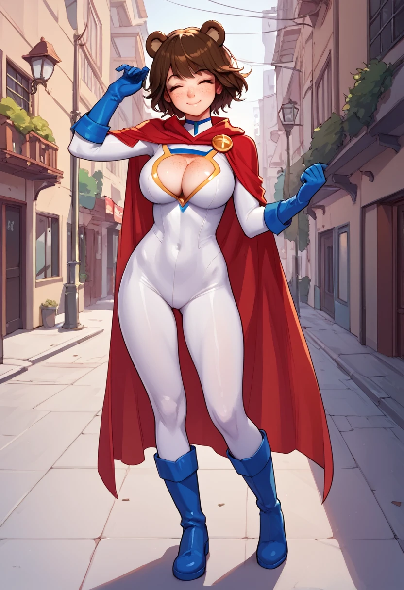 score_9_up, score_8_up, score_7_up, 1girl, solo, source_anime, hourglass figure, Big breasts, kemonomimi, bear ears, brown hair, short hair, messy_hair, closed eyes BREAK freckles, (cosplay), super girl cosplay, super hero, white bodysuit, cleavage cutout, red cape, blue gloves, blue boots, brave smile, closed mouth, standing, looking at viewer, outdoors, urban area, daytime