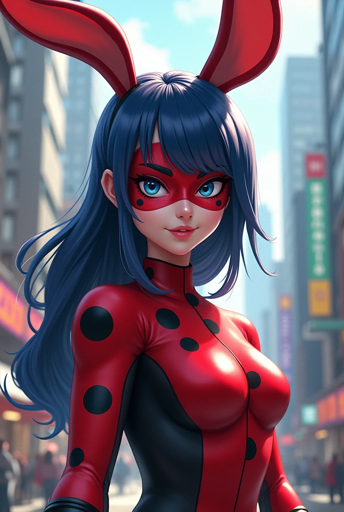 (Masterpiece, 4K resolution, ultra-realistic, highly detailed), (red costume superhero theme, black polka dots, ladybug, charismatic, girl on top of the city, wearing red polka dot costume, superheroine), , (blue hair in pigtails:1.2), full-body, (blue eyes:1.2), (Spider-Man dynamic poses) ((gritty urban environment):0.8)| (urban landscape, nighttime, dynamic lights), (full moon))], cute, miraculous ladybug 