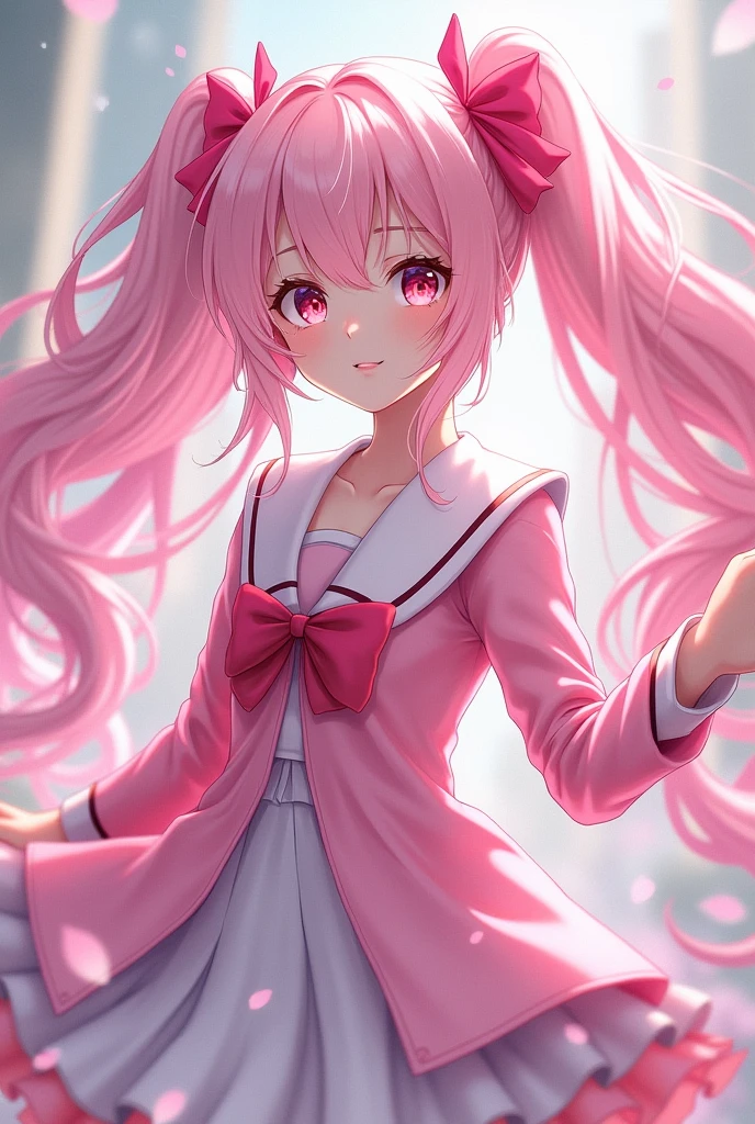 female、Pink and white school uniform、Pink vertical curls with a lot of volume、恋の魔法少female程度の能力、Pale skin