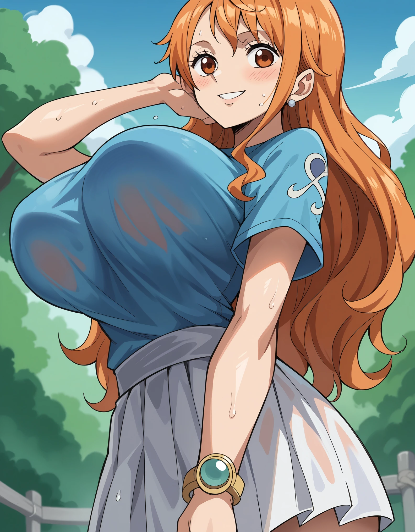 score_9, score_8_up, score_7_up, source_anime, best quality, clear face, Nami, orange hair, orange eyes, long hair, large breasts, perfect body, standing, looking at viewer, smile, wearing blue shirt and white skirt,short skirt, dynamic angle,outside, wet clothes,blushing,embrassed,see though clothes,big boob, view from below, nude