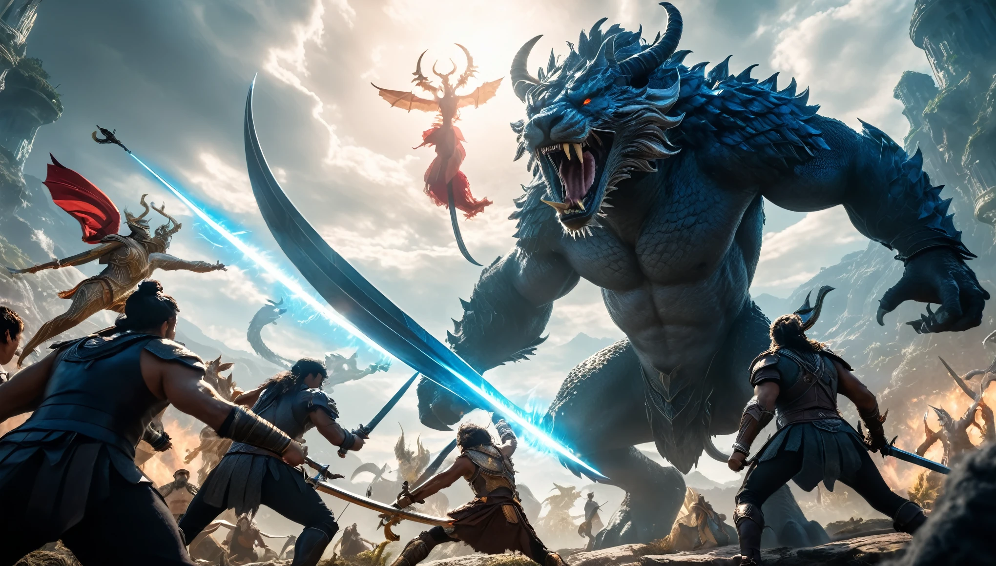 Prompt #2:
An epic battle scene in a different world, the hero at the center wielding a sword that glows with an ethereal light, surrounded by fantastical beasts and allies, mid-action, high tension, Canon EOS R8, wide angle lens