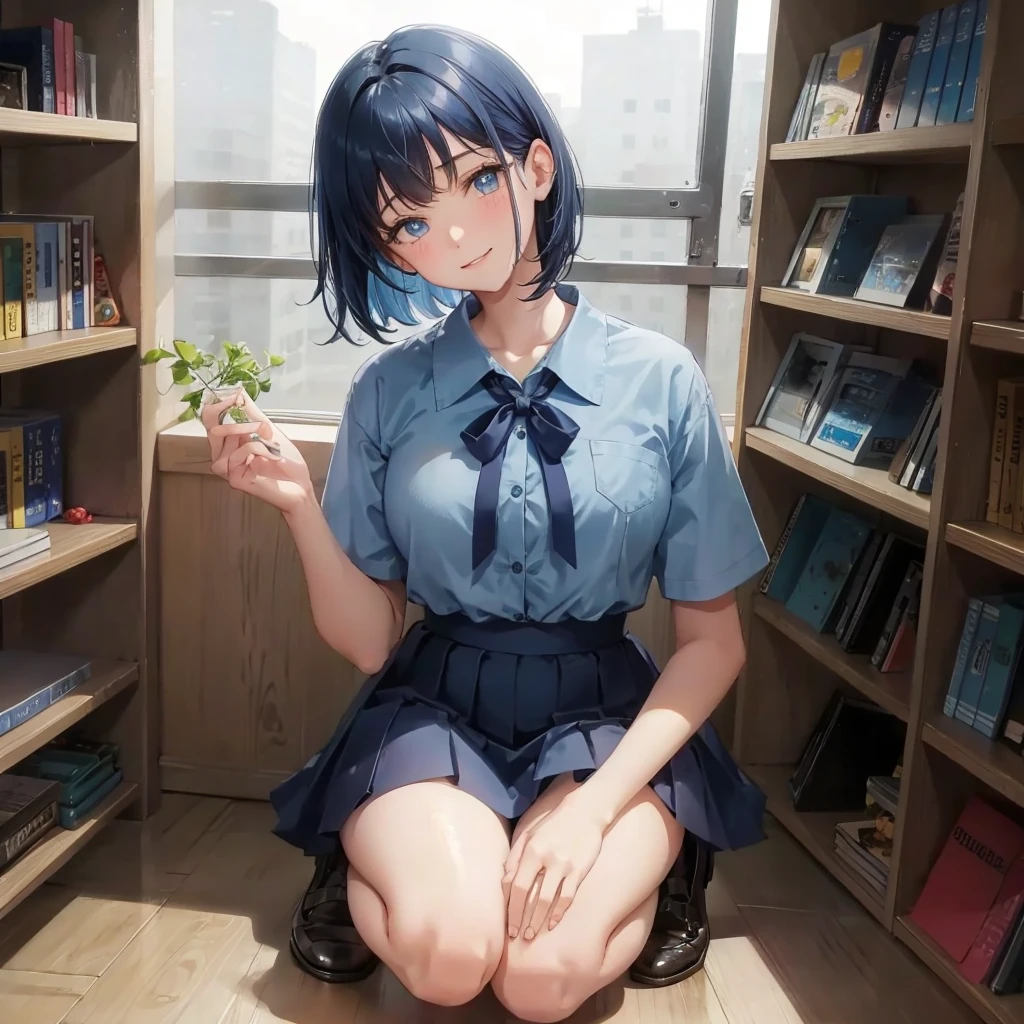 1. High school girl　17-year-old female　Bobcut　dark blue hair color　High School Uniform　Light blue Y-shirt　Short sleeve　Blue Ribbon　dark blue hair color　Slim figure　Large Breasts　Full body portrait　School library　Smiling Kindly　Laugh a little　library　Hand Signs　squat　Kneel　Look up here　