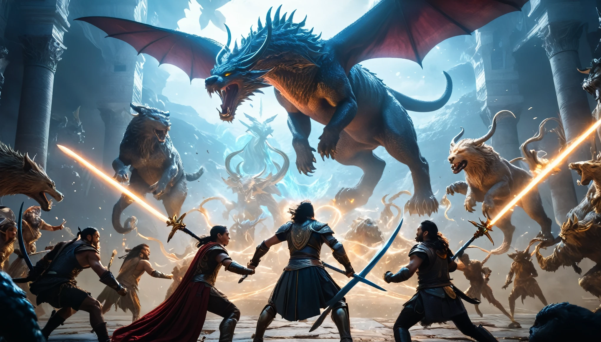 Prompt #2:
An epic battle scene in a different world, the hero at the center wielding a sword that glows with an ethereal light, surrounded by fantastical beasts and allies, mid-action, high tension, Canon EOS R8, wide angle lens