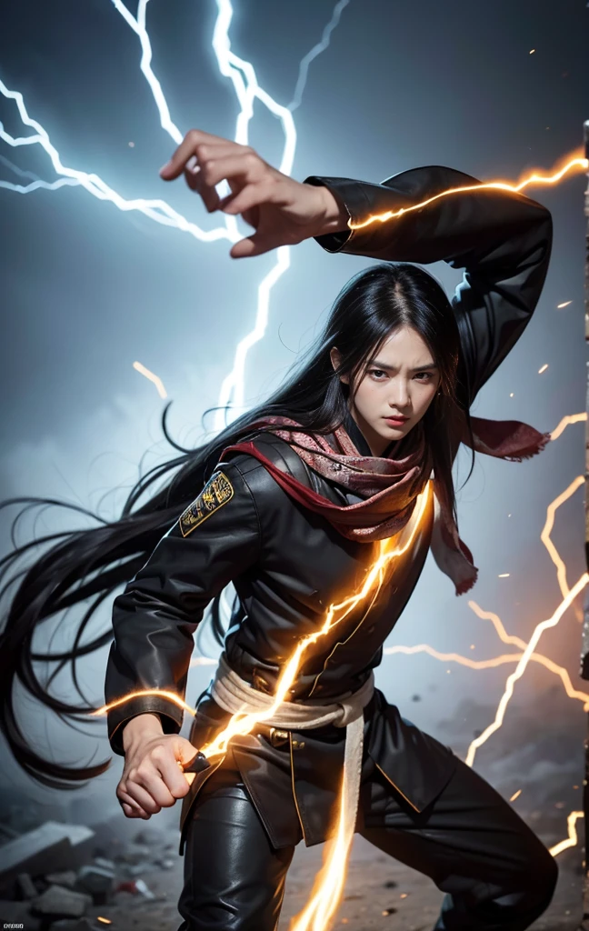 (ruins)Eyes full of anger,He clenched his fists,dash forward,Deal a critical blow to your opponent,Full Body Love,全身Male mage 32K(masterpiece,HD,超HD,32K)long flowing dark hair,Camp size,bloom, One color, patriot (ruins), (Batik Linen Scarf), Angry fighting stance, Looking at the ground, Batik Linen Headscarf, Python pattern long sleeve top, (Abstract acrylic splash:1.2), Dark Clouds Lightning Background,Flour fly(Realistically:1.4),Black hair,Flour flying,Background fog, high resolution, detail, RAW photos, Sharp Reinsurance, Nikon D850 Film Stock Photos,AuthorJefferies Lee 4 Kodak Portra 400 Camera F1.6 Guns, Rich colors, Ultra-realistic textures, Dramatic Lighting, Unreal Engine Art Station Trends, Sinester 800,Flowing black hair,(((Male mage))),Male mage怒不可遏,