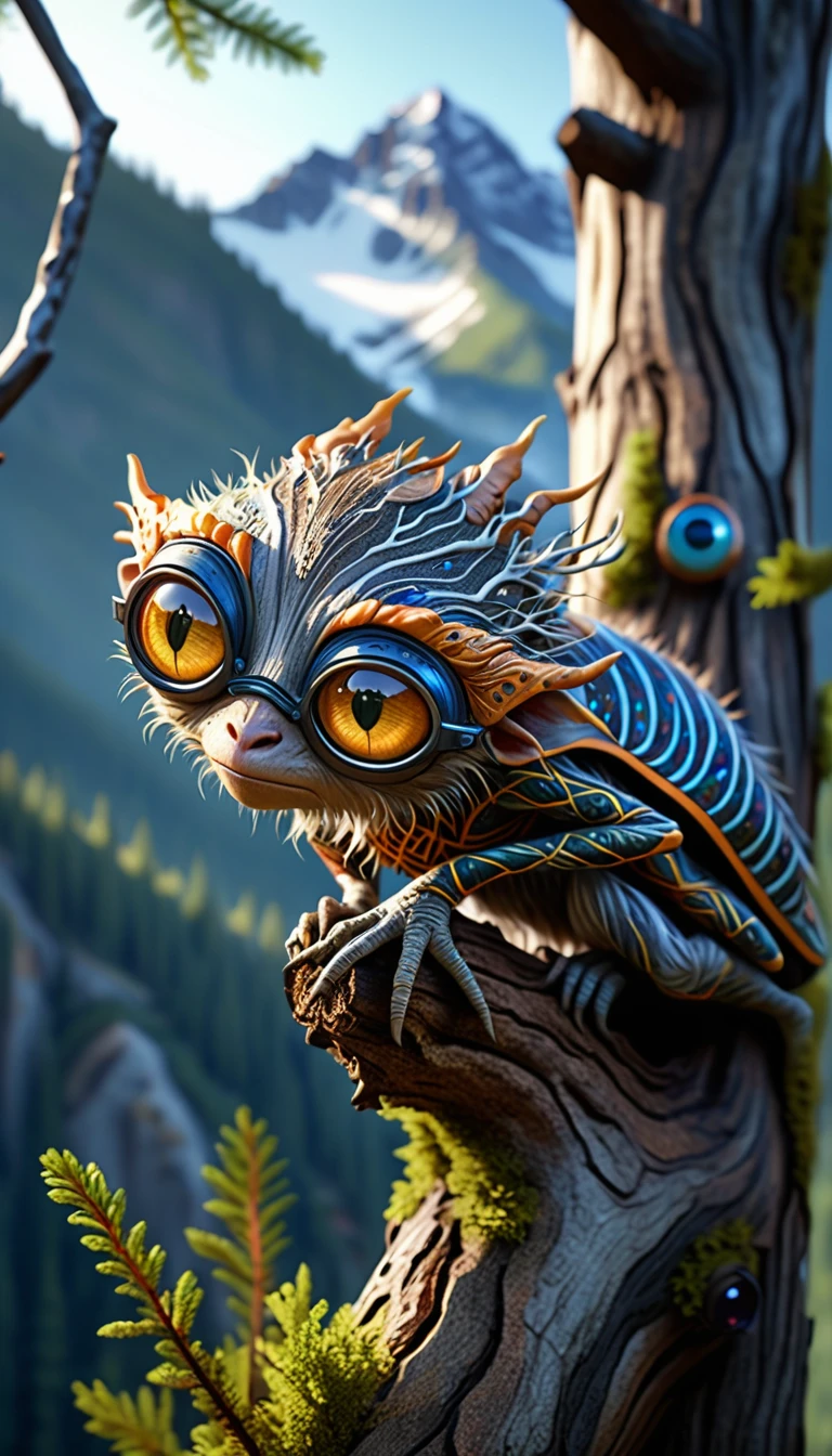 A four-eyed humanoid creature stands on a tree branch in the mountains.(best quality,4K,8k,High level,masterpiece:1.2),Ultra Detailed,(lifelike,Photo real,Photo real:1.37),Highly detailed animals,Complex patterns,Realistic lighting