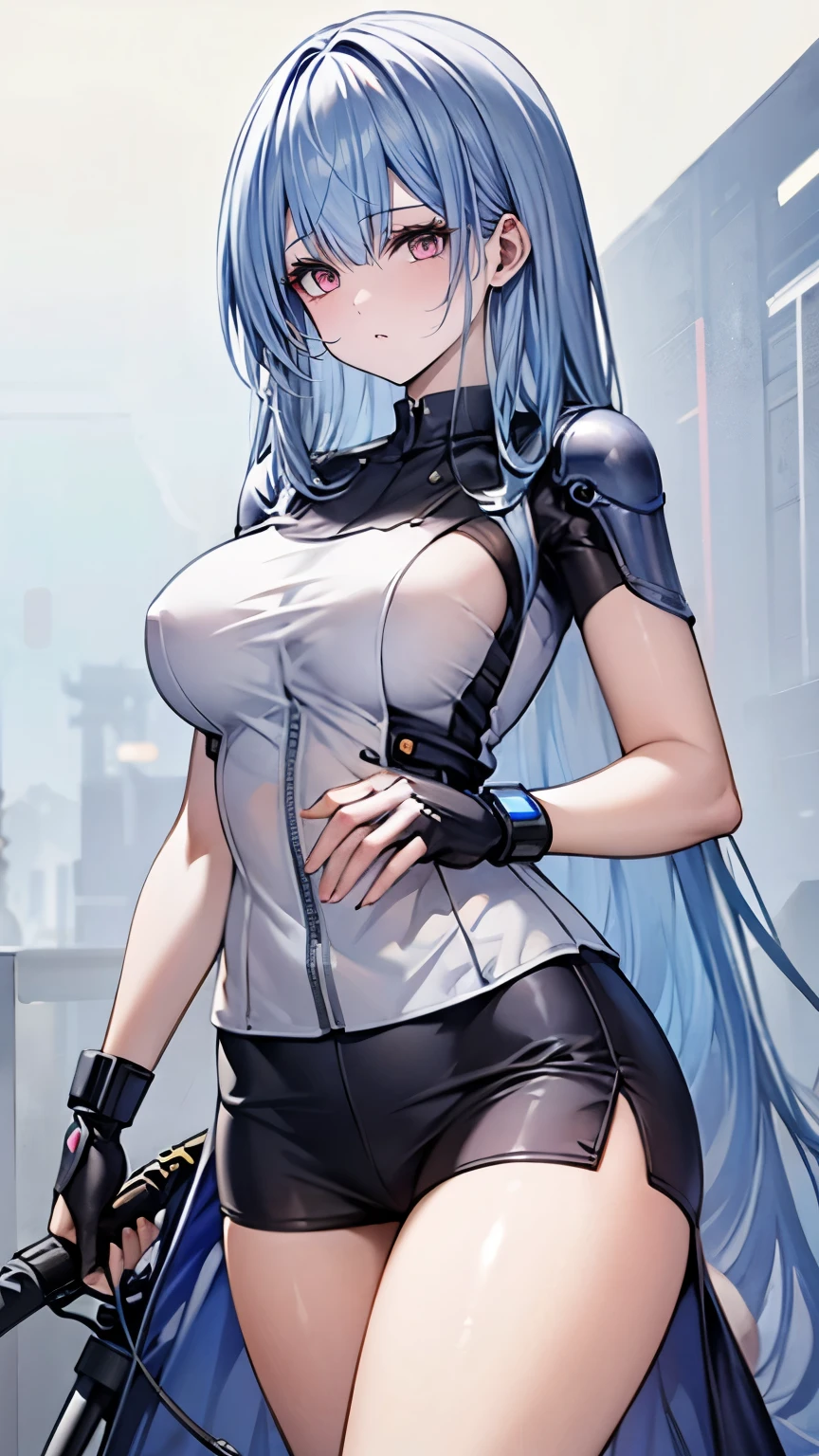 (Very delicate and beautiful:1.2)super model,,Beautiful breasts,voluptuous,【bike shorts】,,Highest quality, High resolution, 8k,mini skirt.cyber punk.Mechanical Sword