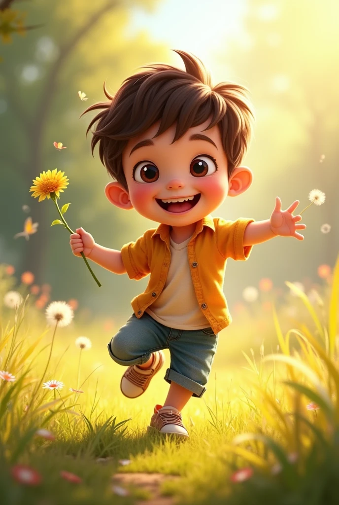 Draw me a picture , The chubby boy ran happily on the road full of flowers on both sides.