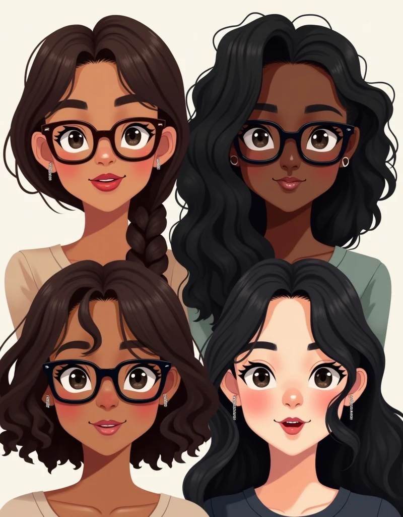 Four girls, The first wears square glasses in dark brown, thick lips and smiling, brown hair in a side braid, they have brown skin. The second girl wears round glasses with thin silver arms, thick lips, black skin and black hair, very curly and long. Third, Caucasian skin, black cat-eye glasses, shoulder length wavy hair, black and with clips, small lips, tem a skin fair. Fourth, Black Square Glasses, skin fair, earrings on the ears, light-makeup, dark brown hair, smooth and long.