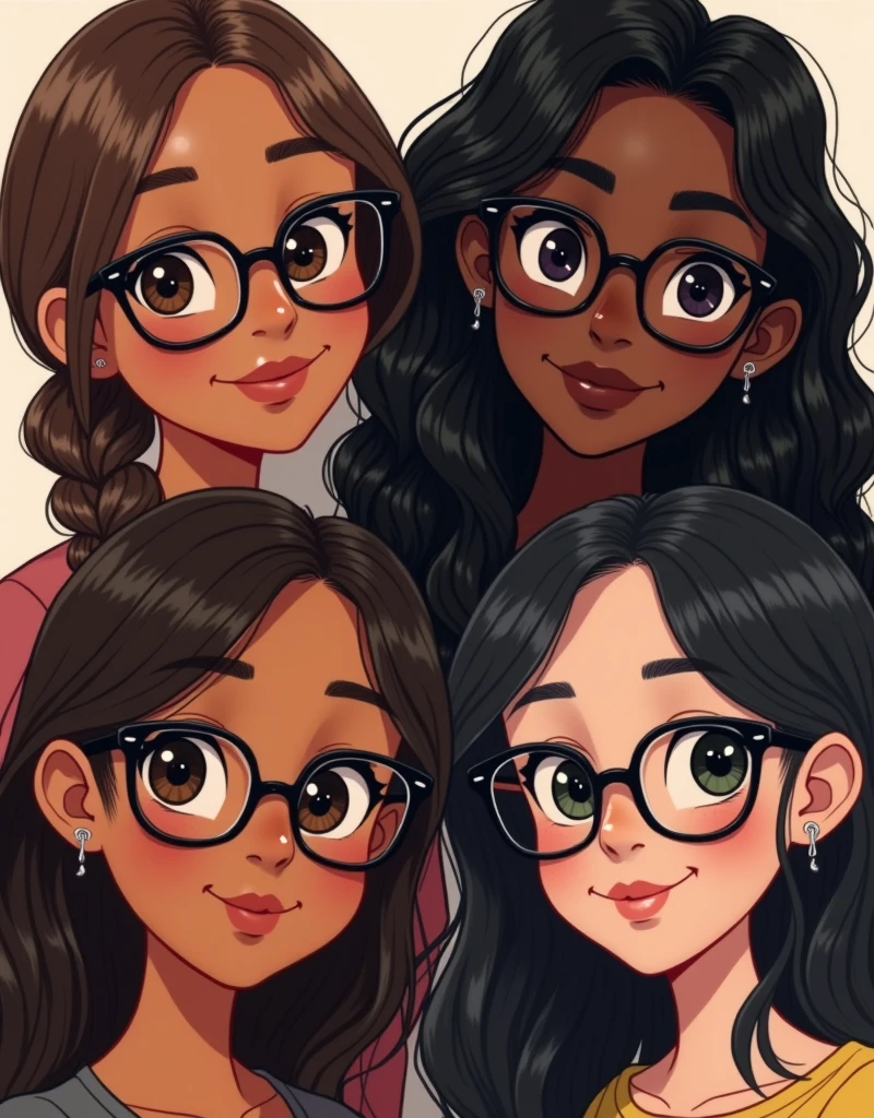 Four girls, The first wears square glasses in dark brown, thick lips and smiling, brown hair in a side braid, they have brown skin. The second girl wears round glasses with thin silver arms, thick lips, black skin and black hair, very curly and long. Third, Caucasian skin, black cat-eye glasses, shoulder length wavy hair, black and with clips, small lips, tem a skin fair. Fourth, Black Square Glasses, skin fair, earrings on the ears, light-makeup, dark brown hair, smooth and long.