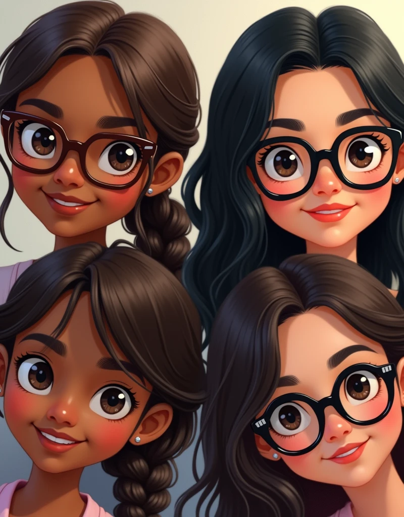 Four girls, The first wears square glasses in dark brown, thick lips and smiling, brown hair in a side braid, they have brown skin. The second girl wears round glasses with thin silver arms, thick lips, black skin and black hair, very curly and long. Third, Caucasian skin, black cat-eye glasses, shoulder length wavy hair, black and with clips, small lips, tem a skin fair. Fourth, Black Square Glasses, skin fair, earrings on the ears, light-makeup, dark brown hair, smooth and long.