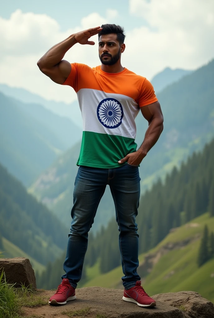 A young bodybuilder man with India flag t-shirt saluting the Indian flag  in front side on hills 