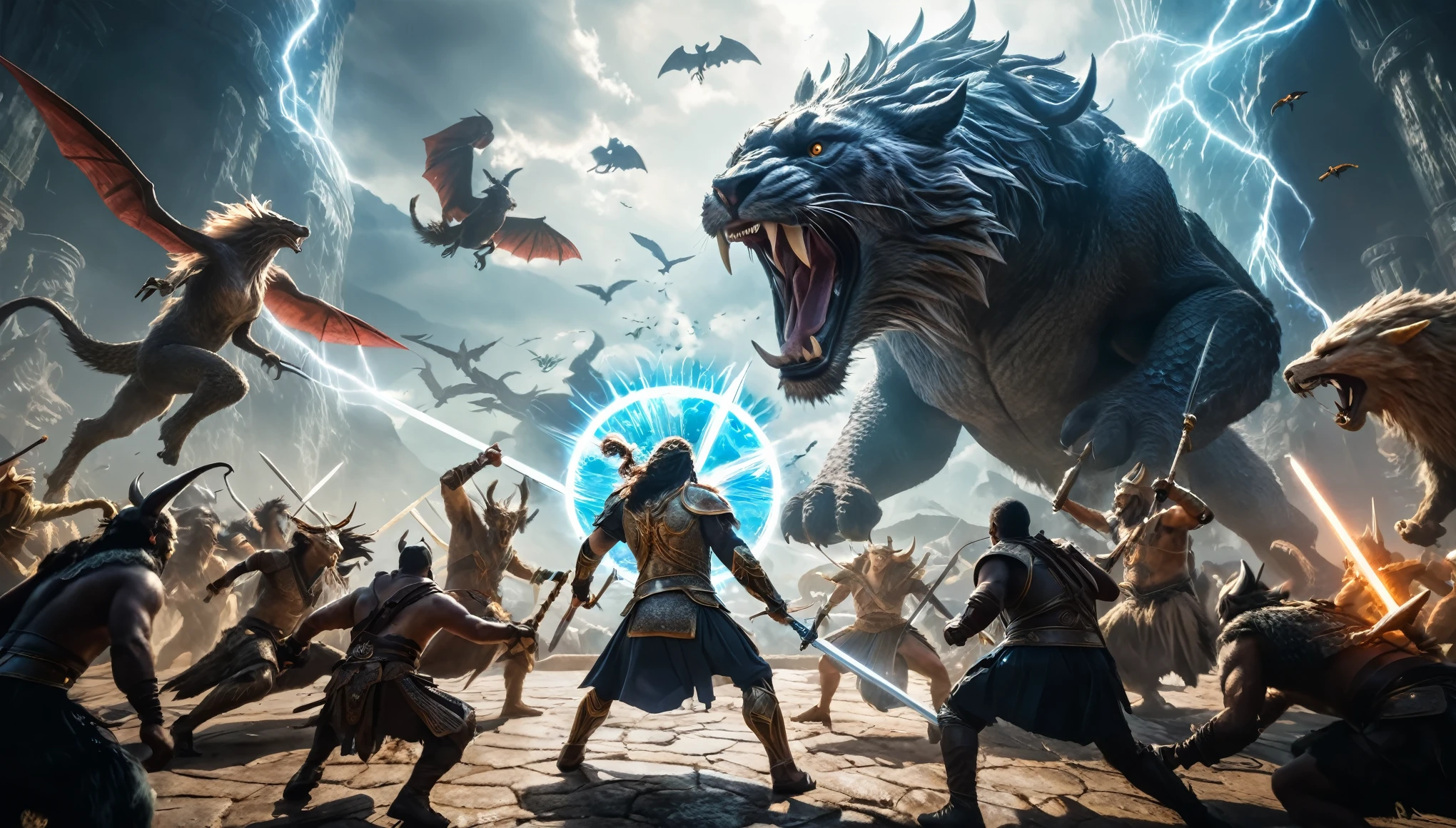 Prompt #2:
An epic battle scene in a different world, the hero at the center wielding a sword that glows with an ethereal light, surrounded by fantastical beasts and allies, mid-action, high tension, Canon EOS R8, wide angle lens