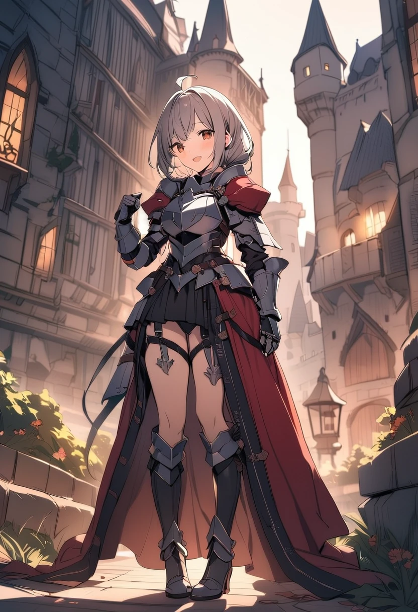 Woman knight、a beauty girl、huge tit、Excellent style、Nice Buddy、glamorous、leotard、s Armor、Bra chest armor、knee boots、gauntlets、hair adornments、silber hair、Longhaire、Ahoge、a medieval castle、is standing、full body seen、Outside the castle、natta、a smile、slightly open mouth