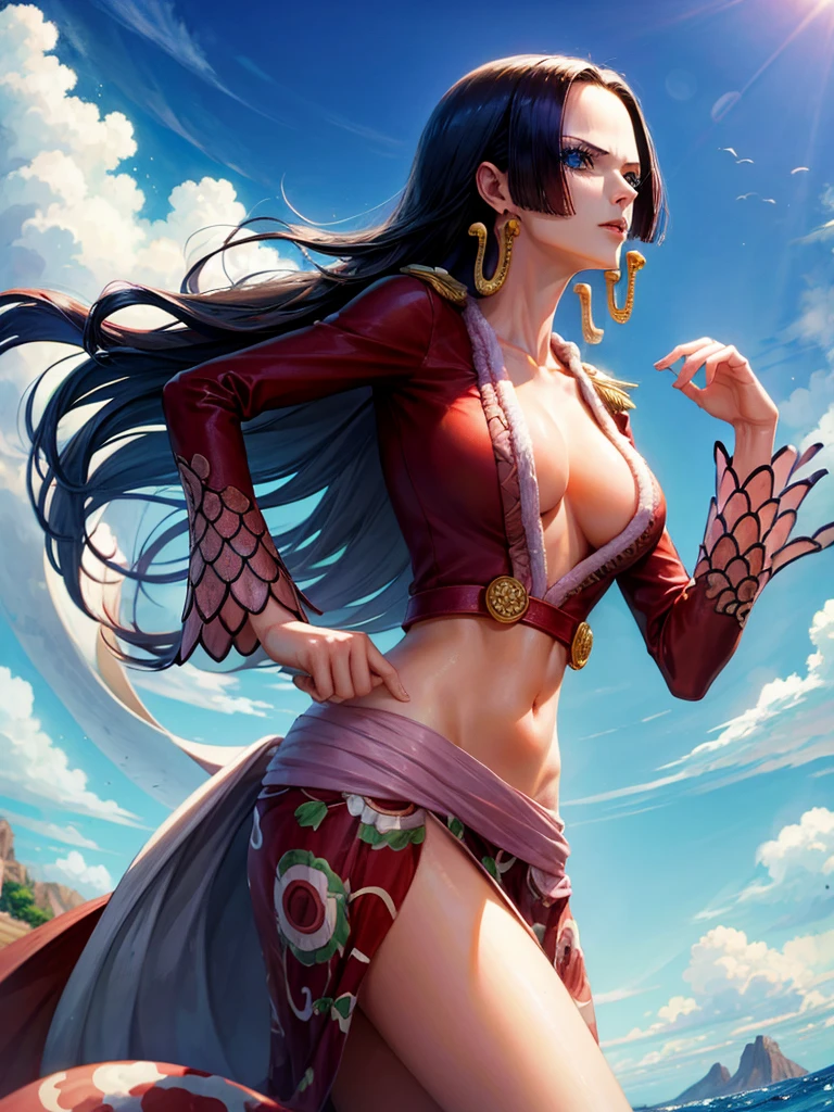 boa hancock, high quality on the face, High detail, she's standing on a boat leaning against the edge in a sexy pose, blue sky with clouds, front facing photograph. 