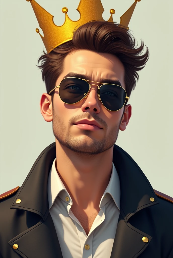 A 25-year-old entrepreneur wearing stylish aviators and a smug smile, he also sports a golden crown on his head and has brown hair with the ends styled upwards.