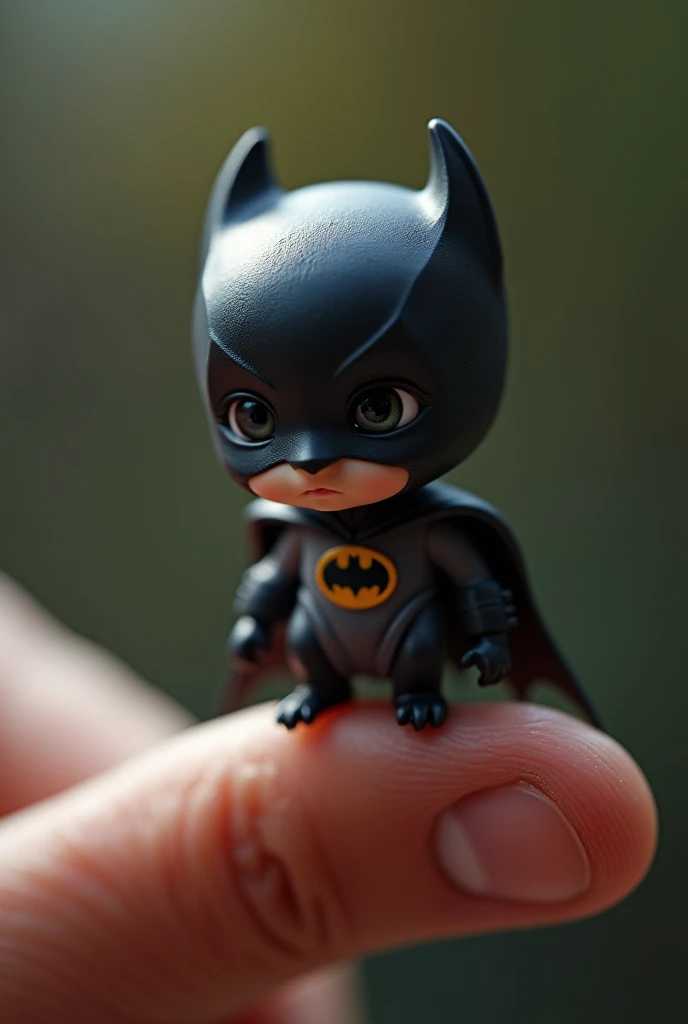 photorrealistic, 8k, Micro Tiny baby [batman] perched on a human finger