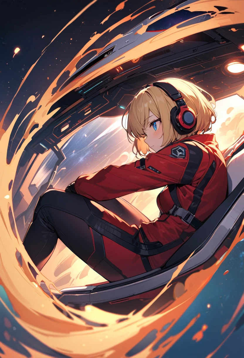 ( short hair, street, Emo, Blonde, Blue Eyes, ,headphone,eyeliner, Apocalypse, , internal (cockpit) of (Futuristic spaceship:1.6), , blush,Sit on a chair, Covered navel, Space Helmet, Mvrów, Space Helm, Plug Suit , Space Helmet, Eva Helm,Red bodysuit, short hair, From the side,Upper Body,close,Looking this way、background moving at high speed、