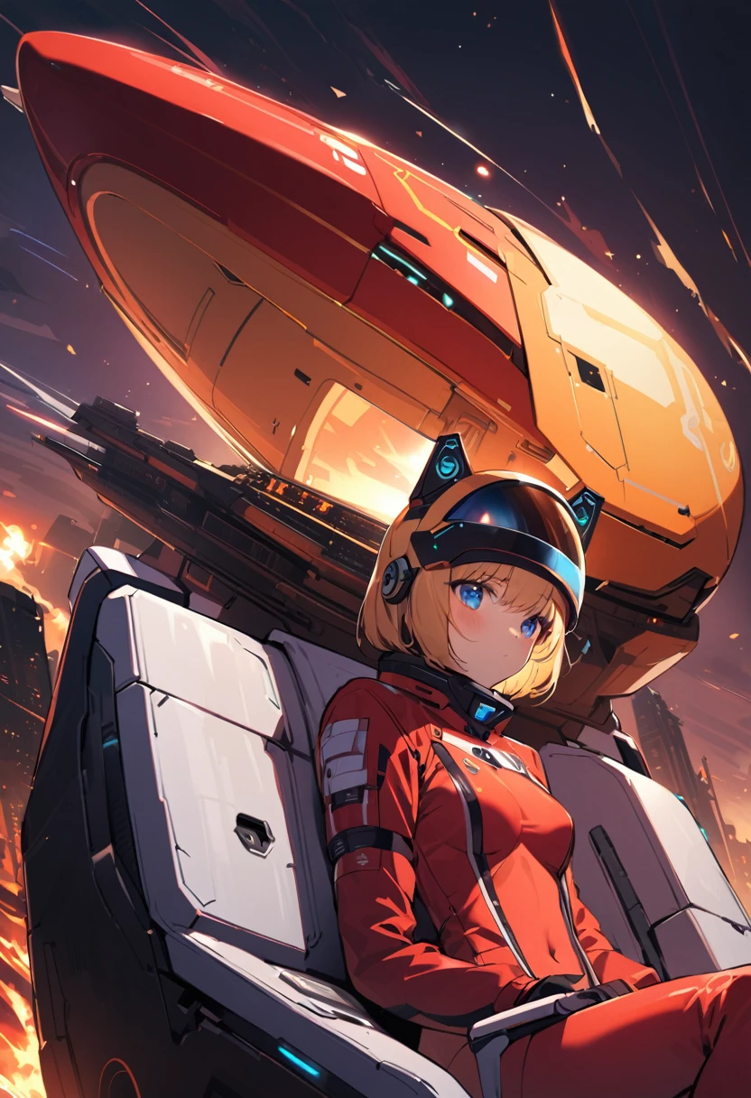 ( short hair, street, Emo, Blonde, Blue Eyes, ,headphone,eyeliner, Apocalypse, , internal (cockpit) of (Futuristic spaceship:1.6), , blush,Sit on a chair, Covered navel, Space Helmet, Mvrów, Space Helm, Plug Suit , Space Helmet, Eva Helm,Red bodysuit, short hair, From the side,Upper Body,close,Looking this way、background moving at high speed、