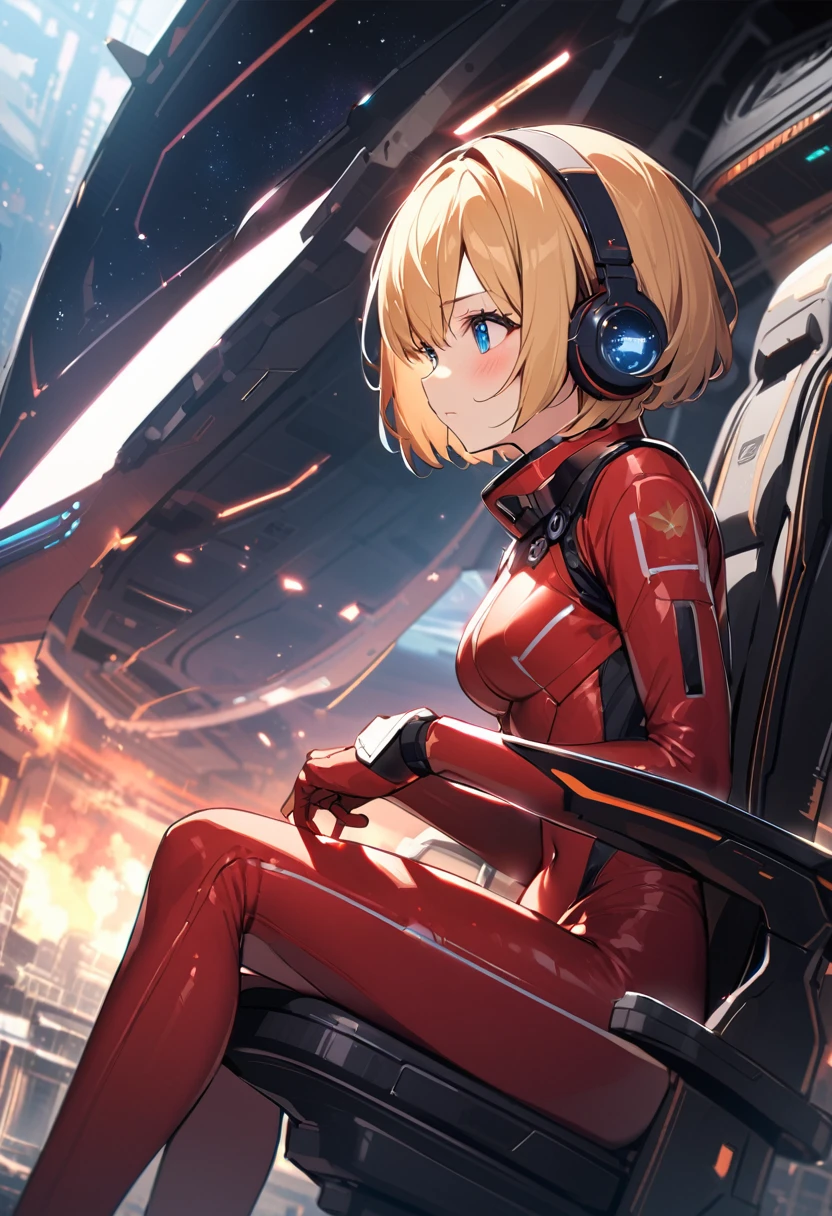 ( short hair, street, Emo, Blonde, Blue Eyes, ,headphone,eyeliner, Apocalypse, , internal (cockpit) of (Futuristic spaceship:1.6), , blush,Sit on a chair, Covered navel, Space Helmet, Mvrów, Space Helm, Plug Suit , Space Helmet, Eva Helm,Red bodysuit, short hair, From the side,Upper Body,close,Looking this way、background moving at high speed、