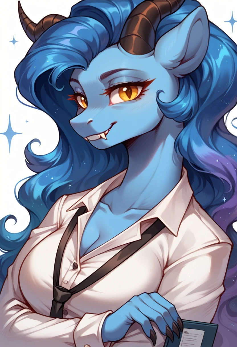 (Masterpiece), Best quality, 8K UHD, 1girl, mature women, milf, office cloths, pony style, very detailed, 1girl, solo focused, professional art, My little pony, office cloths, MILF, custom character, blackbhorns, golden eye, blue skin, claws, space background, galaxy, long blue wavy hair, multi color, fangs, dragon, face focused, portrait, confident smile