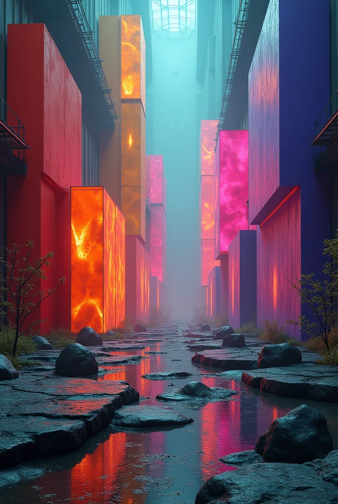 a large number of geometric colored blocks,Composed of biological shapes,walking inside the nuclear power plant,Light effects,Premium color matching,Tyndall effect,Near big far small