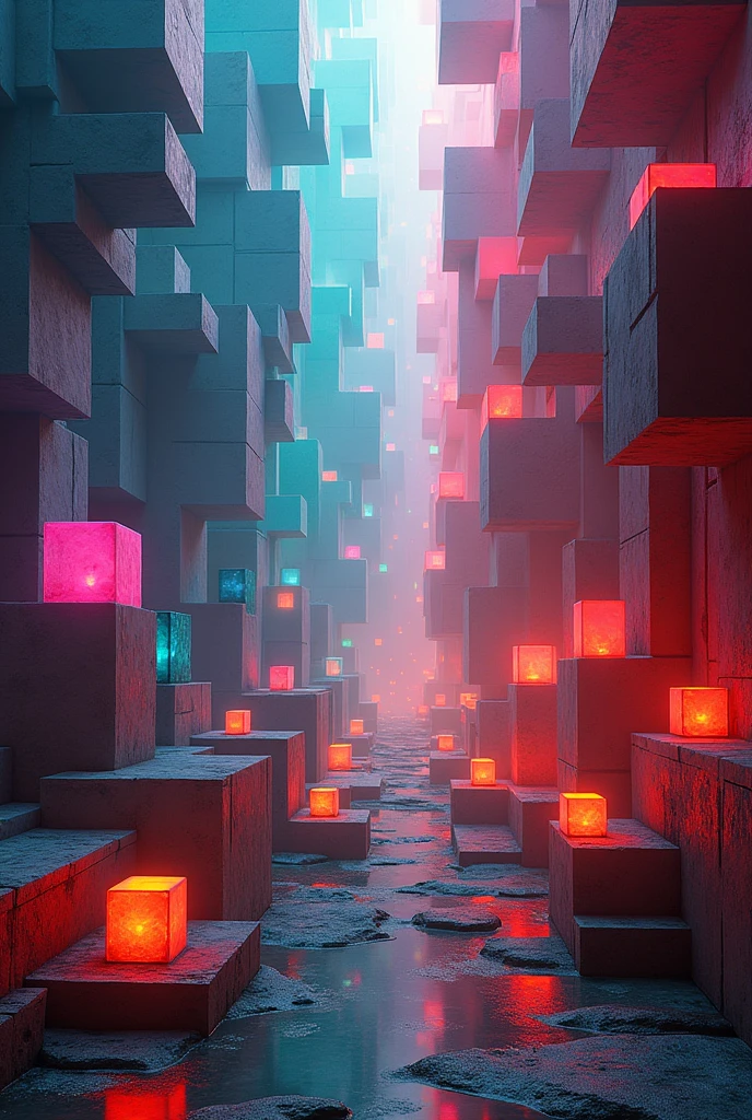 a large number of geometric colored blocks，Composed of biological shapes，walking inside the nuclear power plant，Light effects，Premium color matching，Tyndall effect，Near big far small 