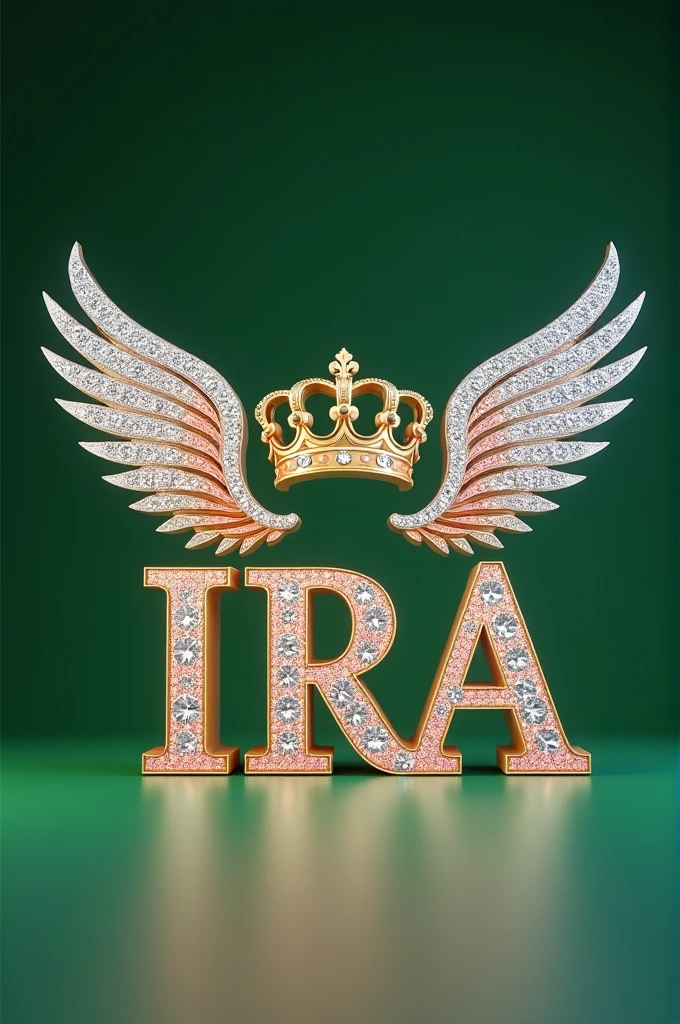 A striking and sophisticated 3D rendering of the phrase "IRA" in elegant white and GOLD letters, exuding a touch of glamour. The design features two sparkling diamond-adorned wings at the beginning of the word, adding a sense of grandeur. Each letter is intricately designed, and a majestic crown adorns the composition, embodying refinement and elegance. The warm silver and red and gold glow of the diamonds accentuates the design, making it a captivating focal point. The solid Green background highlights the typography, perfect for architectural or film-related presentations. This design seamlessly integrates into various media, such as 3D renderings, paintings, illustrations, and photographs, showcasing a flawless blend of typography and visual art.