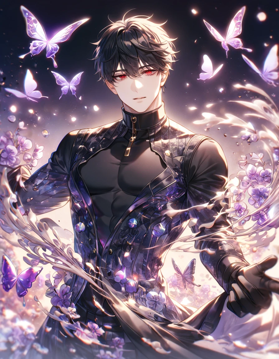 absurdres, highres, ultra detailed, HDR) master piece, best quality, extremely detailed, delicated features, Jaehwan, black hair, hair that parts just above his left eye, expressive red eyes, Code Zero, The World After The Fall, solo, sexy man, handsome, sensual, black coat, black tight turtleneck shirt, black gloves, toned, fantasy, magical, radiant, dust, purple flames, purple moon, purple flowers, purple butterflies, garden