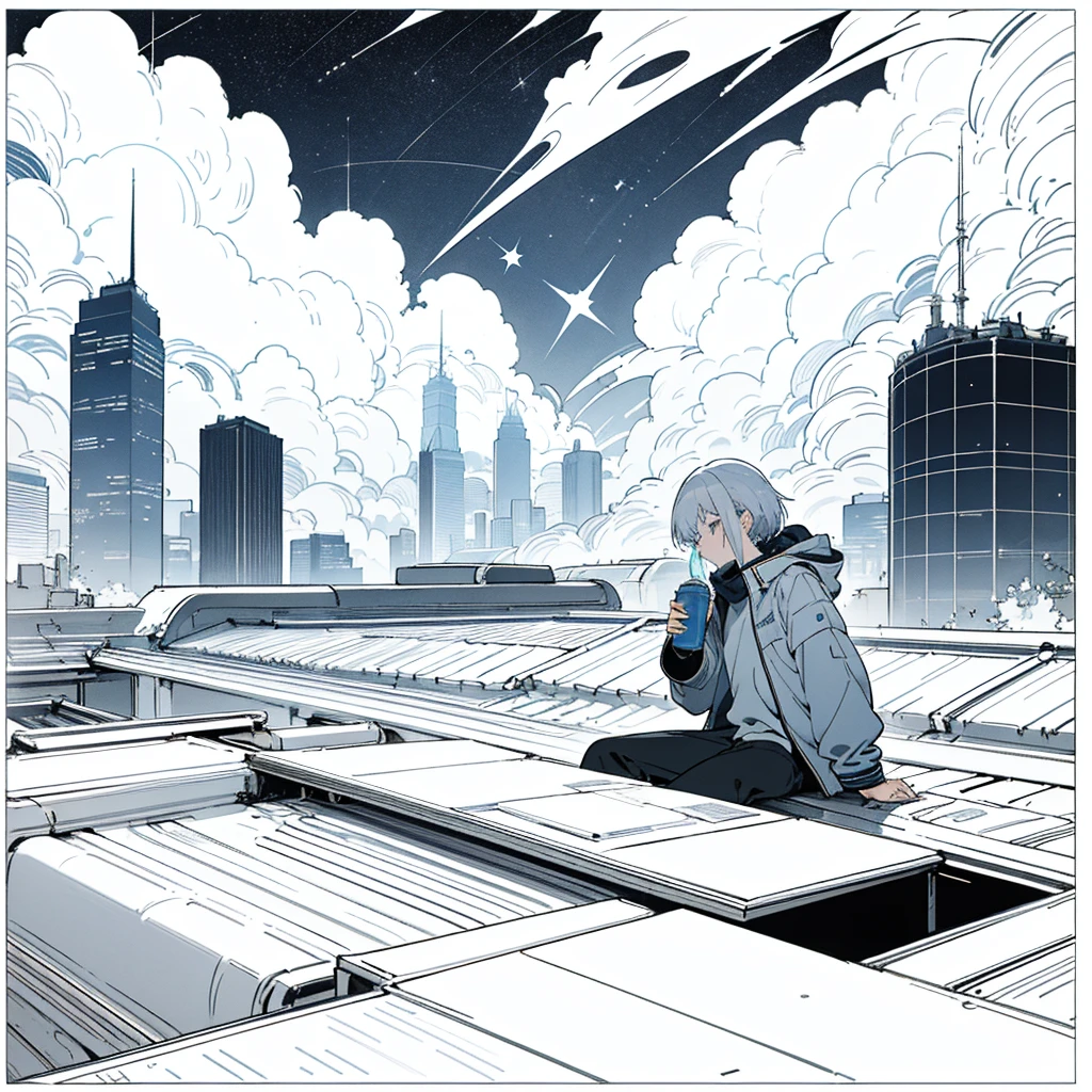 masterpiece, best quality, highly detailed,
two anime characters, rooftop night scene,
white-haired boy standing, looking at sky,
silver-haired girl sitting, drinking from thermos,
starry night sky, shooting star,
city skyline in background, skyscrapers,
cool color palette, blue and white tones,
manga style linework, slight glow effects,
cozy winter outfits, jackets,
textbooks on table, study break atmosphere,
soft lighting from distant buildings,
anime style, urban night mood, slice of life