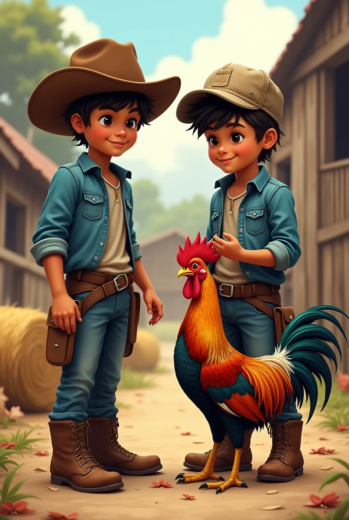 two brothers, children, light brown skin,One with a cowboy hat, the other with a cap, Boots, denim shirt, denim pants and pet fighting cocks, farm background 