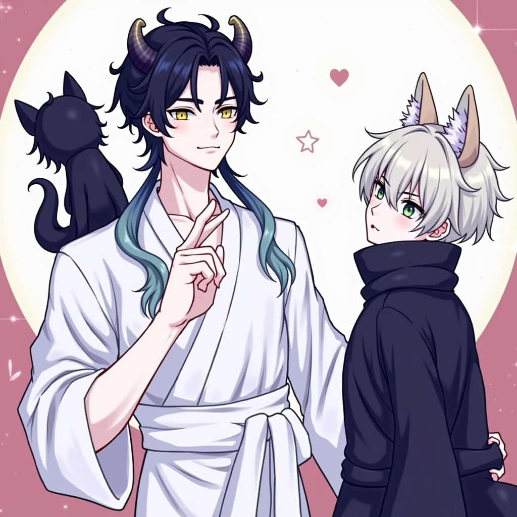 A tall man with long, bluish-black hair reaching his knees, yellow eyes, horns, and a dragon tail, wearing a white yukata that reveals a bit of his muscular chest, next to a short boy with black hair and green eyes, wearing fox ears and a fox tail.
