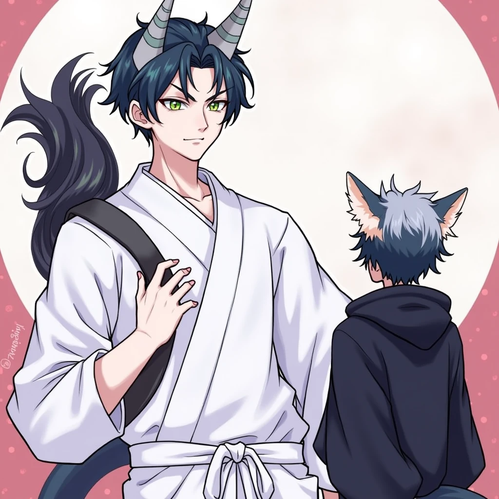 A tall man with long, bluish-black hair reaching his knees, yellow eyes, horns, and a dragon tail, wearing a white yukata that reveals a bit of his muscular chest, next to a short boy with black hair and green eyes, wearing fox ears and a fox tail.