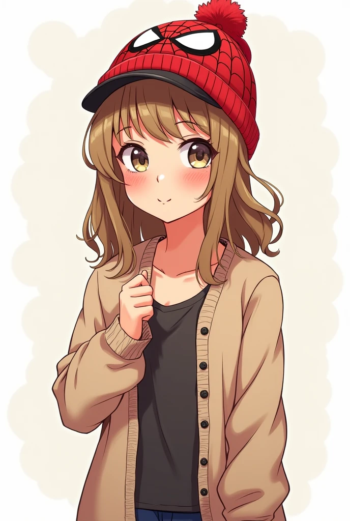 An animated drawing of a age girl, with light brown hair, pretty and pleasant, somewhat flirty. Her outfit will include a Taylor Swift cardigan and a Spiderman hat on her head.