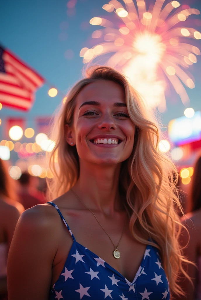 a young woman with blonde hair and green eyes, fireworks in background at night