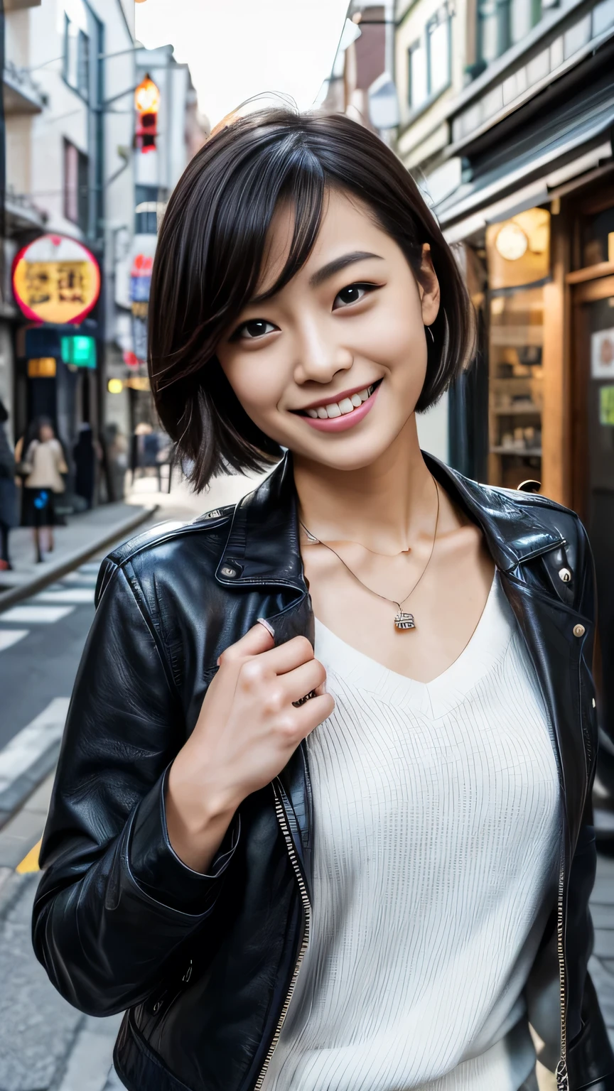 Super Resolution、Beautiful Japanese Women、Short Haircut、、ear piercing、necklace、leather jacket、shirt、smile、Beautiful teeth alignment、The background is a city street
