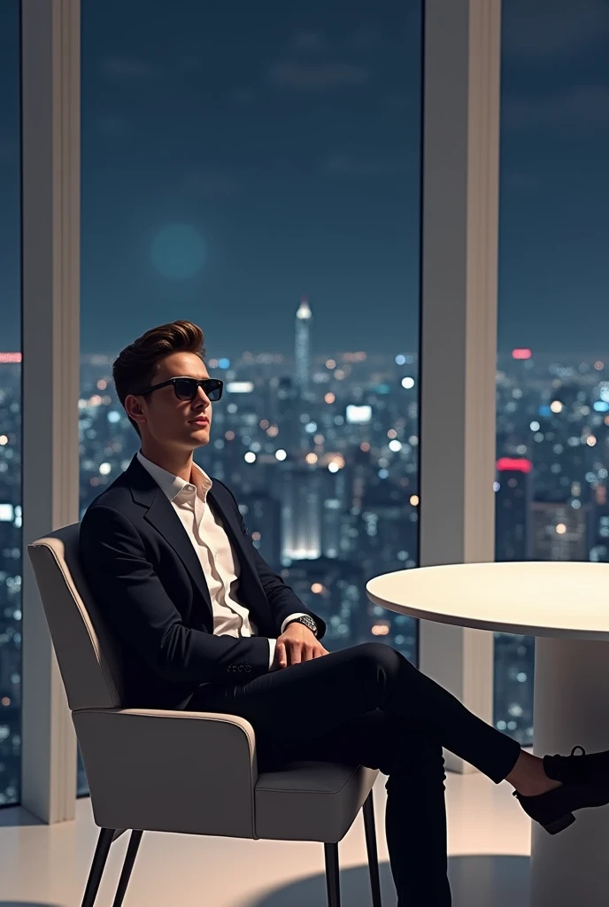 "A young, stylish man with glasses sitting in a sleek chair at a minimalist white table, with a cityscape at night seen through floor-to-ceiling windows."