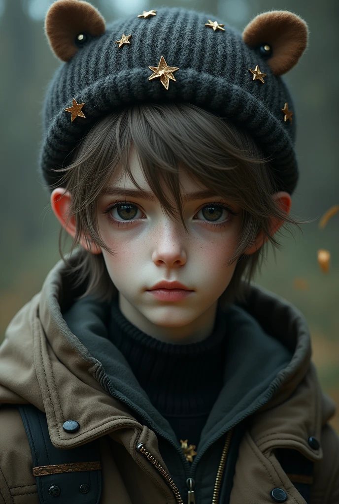 Young man, Pale skin, black eyes, Light brown hair, They wore emo-style clothing with faded colors, He wears a wool hat with star accessories on it and has otter ears.