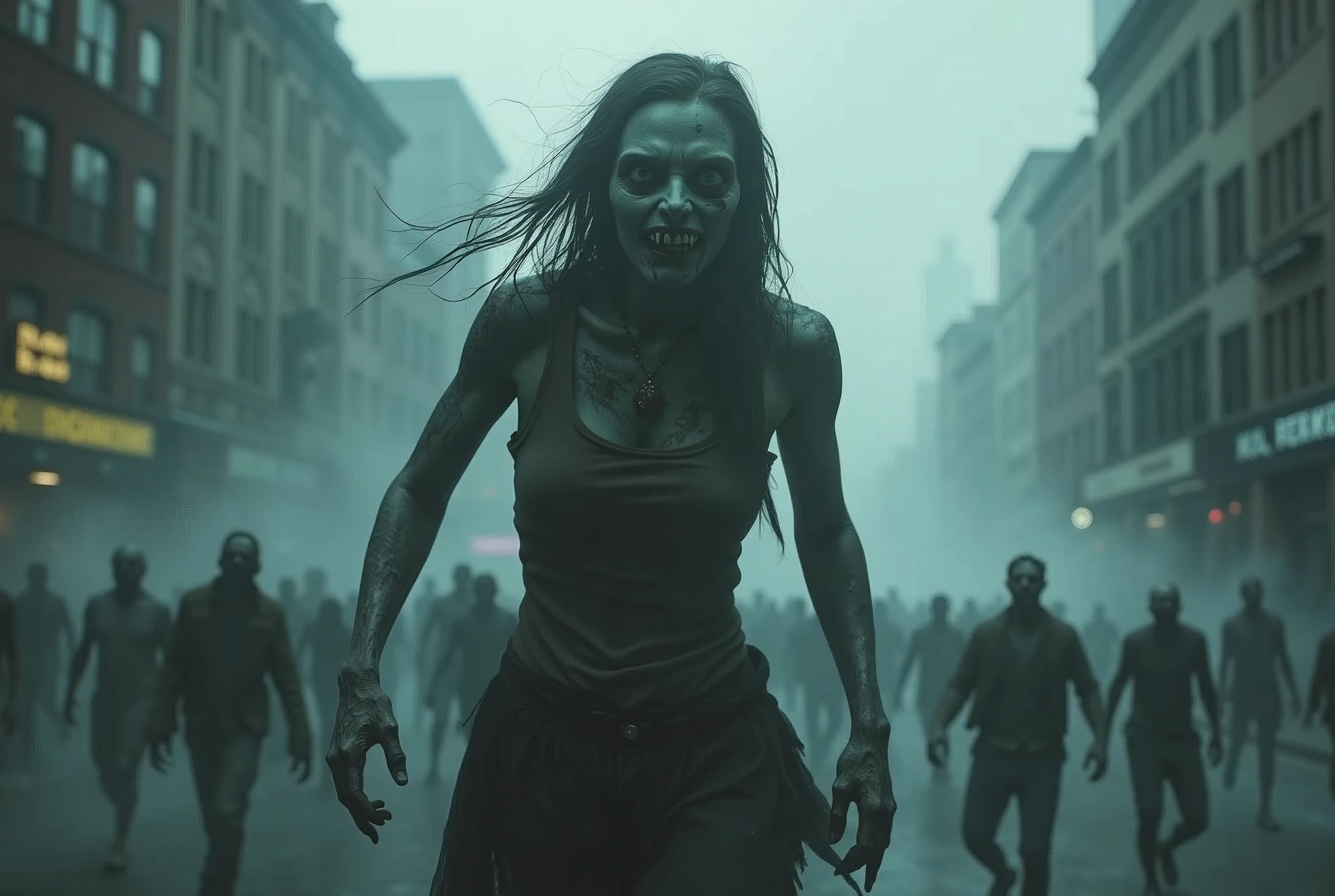 Manhattan, New York City shrouded in thick mysterious fog, Female zombie attacking the camera: 1.7, Wandering hordes of zombies, Female zombie attacking the camera, (Highest quality, 4k, 8k, High resolution, Masterpiece: 1.2), Ultra detailed, (Realistic, Photorealistic, Photorealistic: 1.37), Dark fantasy, Horror, Moody lighting, Dramatic shadows, Cinematic composition, Dystopia, Desolate city, Eerie atmosphere, Thick fog, Gloomy, Ominous, Ghostly, Uneasy, Ruins, Crumbling architecture, Mystical, Supernatural, Undead, Gloomy, Creepy, Uneasy, Muted colors, Deep shadows, Dramatic lighting