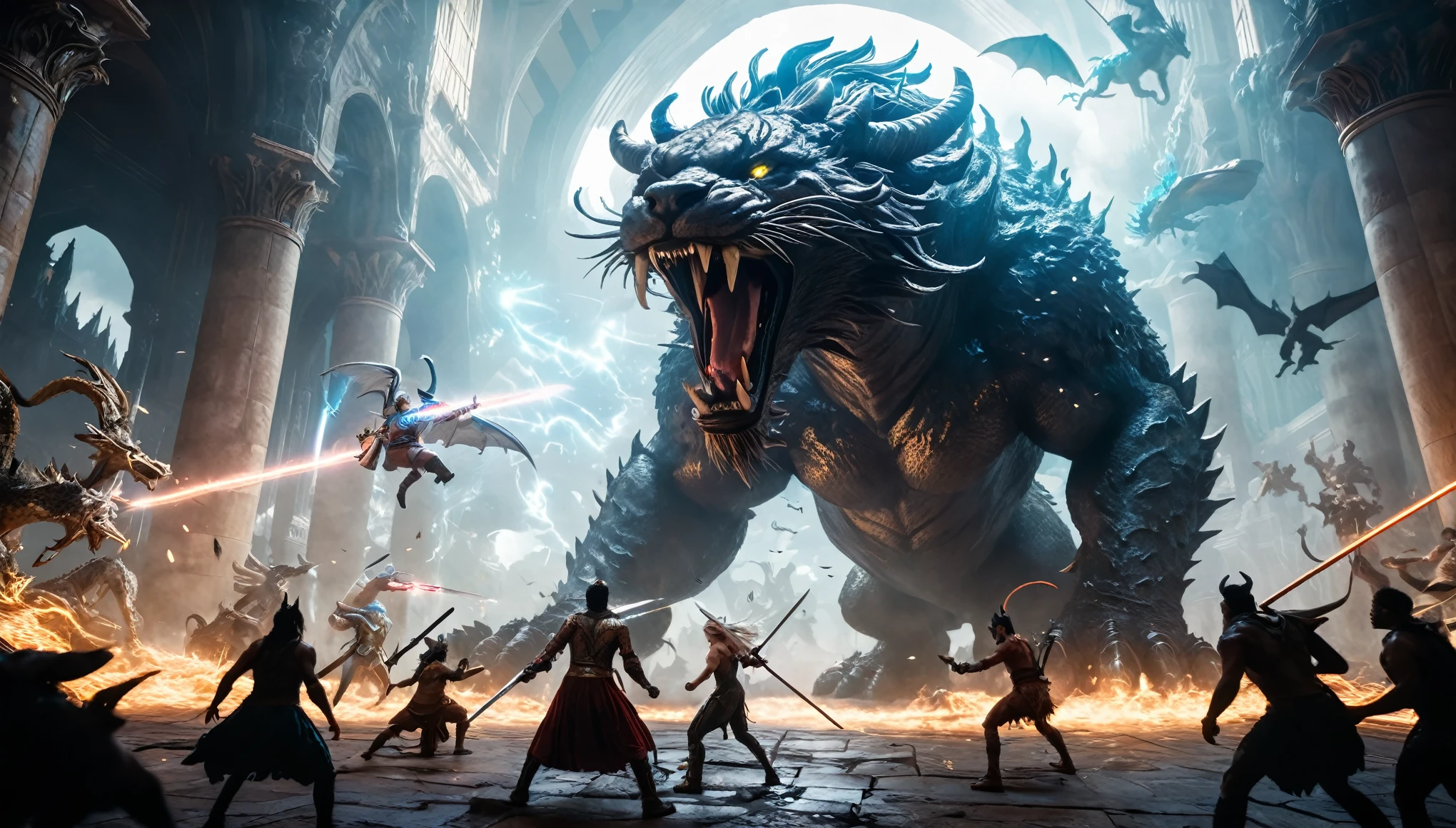 Prompt #2:
An epic battle scene in a different world, the hero at the center wielding a sword that glows with an ethereal light, surrounded by fantastical beasts and allies, mid-action, high tension, Canon EOS R8, wide angle lens
