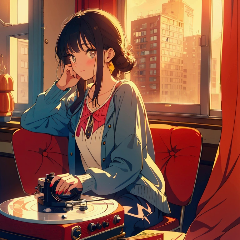 A masterpiece, top quality, featuring a woman sitting by the window of an old apartment enjoying LOFI music playing from a vintage record player. Featuring young women in casual, colorful clothing, the mood is nostalgic and dramatic.